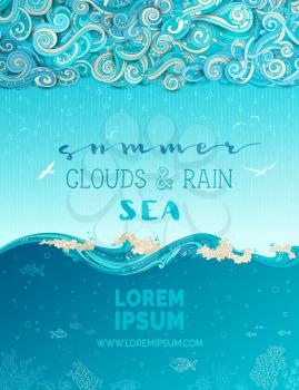 Doodles clouds and rain, waves and underwater life. Hand-drawn swirls, spirals, drops, strokes and curls. There is copy space for your text in the sky and undersea.