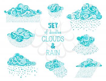 A lot of various ornate clouds isolated on white background. Hand-drawn swirls, strokes, spirals and curls.