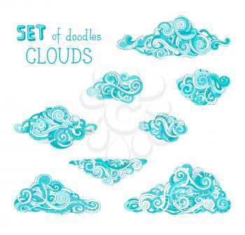 A lot of various doodles ornate clouds isolated on white background. Hand-drawn swirls, spirals and curls.