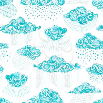 Doodles clouds and rain drops on white background. Blue and white boundless rainy background. Hand-drawn swirls, spirals and curls.