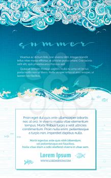 Clouds, waves and underwater life. Hand-drawn swirls, spirals, curls and strokes. There is copy space for your text in the sky and on white paper in undersea area.