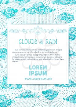 Doodles clouds and rain on white background. Hand-drawn swirls, spirals, drops, strokes and curls. There is copy space for your text on white paper.