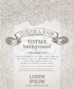 Hand-drawn clouds and rain on old striped background. There is copy space for your text in the center.