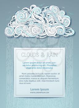 Hand-drawn ornate cloud and rain in grey sky. There is copy space for your text on white paper.