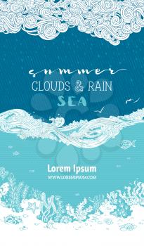 Clouds and rain, gulls, waves and underwater life. Hand-drawn swirls, spirals, curls, drops and strokes. There is copy space for your text in the sky and undersea.
