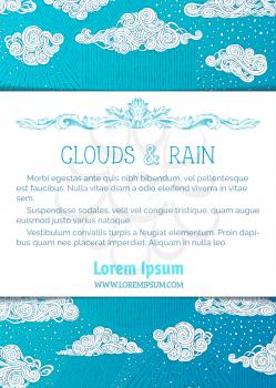 Doodles white clouds and rain on bright blue background. Hand-drawn swirls, drops and curls. There is copy space for your text on white paper in front of pattern.