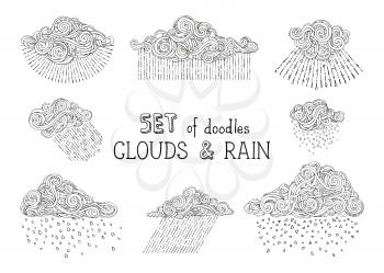 Sketch of rain clouds isolated on white background. Hand-drawn swirls, strokes, spirals and curls. Black and white duotone illustration.