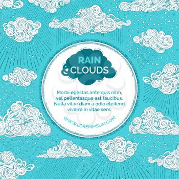 Doodles white clouds and hand-drawn rain on bright blue background. Swirls, spirals, drops and curls. There is copy space for your text in white round frame.