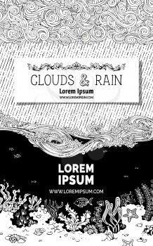 Doodles clouds, waves and underwater life. There is copy space for text on white paper in the sky and undersea black area. Colouring book for adults template.