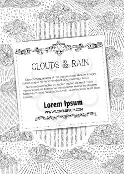 Black outlined clouds and rain on white background. Doodles swirls and drops. There is copy space for text on white square paper. Colouring book for adults template.
