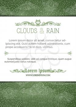 Chalk clouds and rain on green chalkboard background. Hand-drawn swirls, drops, spirals and curls. There is copy space for your text on white paper in front of pattern.