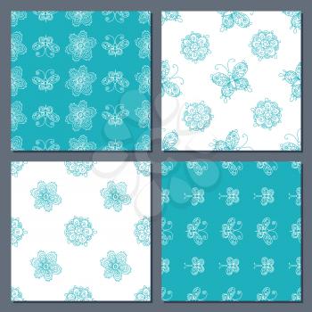 Hand-drawn ornate flowers and butterflies. Blue and white duotone boundless backgrounds.