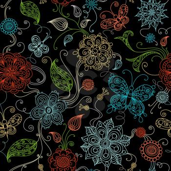 Hand-drawn linear flowers, leaves and butterflies on black background. Ornate boundless background.