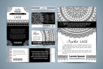 Vector handmade elements. A4 paper, business cards, banners. Sketch round patterns and knitting edging, crochet texture.