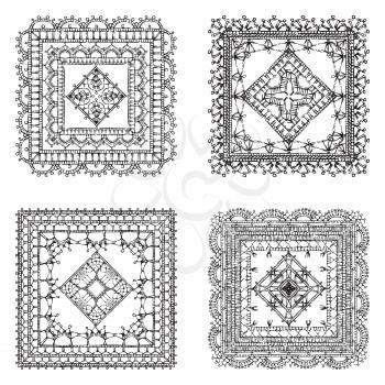 Sketch filet crochet patterns and doilies. Decorations for scrapbook isolated on white background.