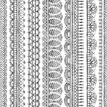 Vertical black sketch knitted edging patterns and lacy borders on white background.