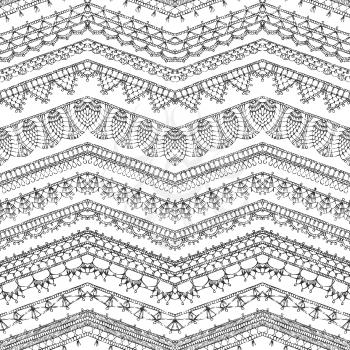 Sketched zigzag knitted patterns. Handmade ornate texture. Doodles edging and border patterns on white background.