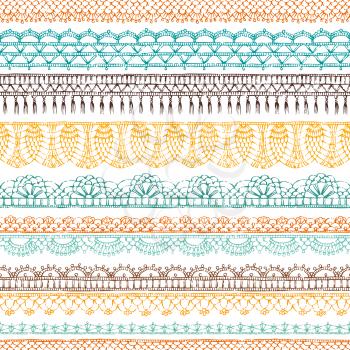 Ethnic hand-drawn pattern. Knitted crochet texture, handmade lacy decorations on white background.