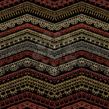 Horizontal knitted edging patterns and lacy borders on black background.