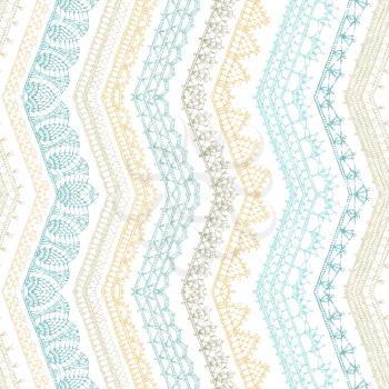 Vertical lacy knitted edging patterns and borders on white background. Handmade boundless background.