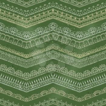 Hand-drawn knitted ornate texture. Doodles horizontal zigzag edging and border patterns on green blackboard background.