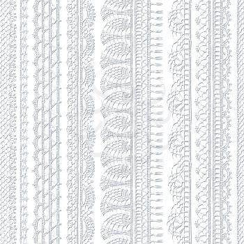 Vertical knitted edging patterns and lacy borders on white background. Hand-drawn sketch boundless background.