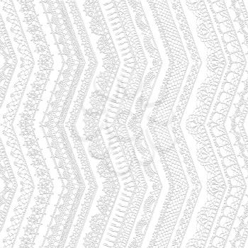 Hand-drawn knitted vertical zigzag edges and trims. Lacy decorations on white background. Boundless texture.