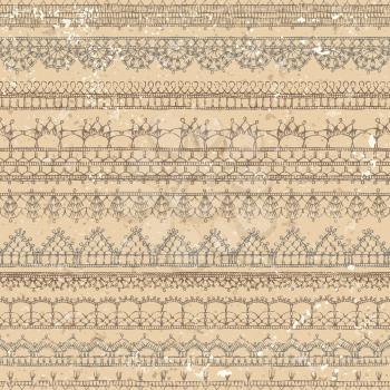 Horizontal knitted edging patterns and lacy borders on old paper background. Retro boundless background.