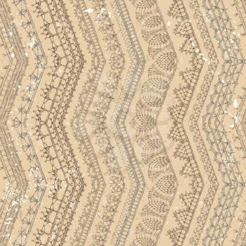 Hand-drawn knitted vertical zigzag edges and trims. Lacy decorations on old vintage background. Boundless texture.