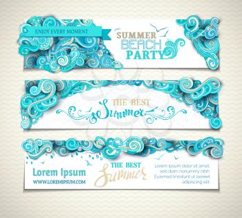 Hand-drawn ornate clouds, curls, swirls and spirals. There is copy space for your text on white background. Summer beach party. The best summer templates.