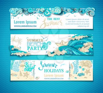 Clouds in the sky, ocean waves, gulls and underwater wild life. Summer holidays. Summer beach party. There is copy space for your text on white background.