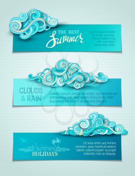 Hand-drawn doodles clouds and rain drops. There is copy space for your text in blue sky. Summer templates.