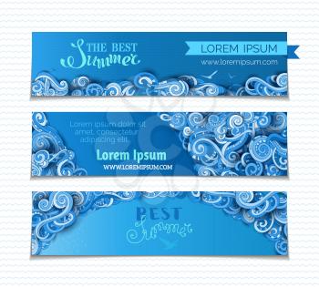 Hand-drawn ornate clouds, curls and spirals. There is copy space for your text on dark blue background. Summer sky web templates.
