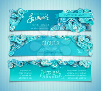 Hand-drawn ornate clouds, curls, swirls and spirals. There is copy space for your text on blue background. Summer web templates.