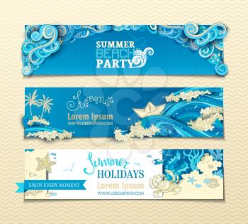 Clouds in blue sky, sea/ocean waves, gulls and underwater wild life. Hand-drawn swirls, spirals and curls. There is copy space for your text. Web templates.