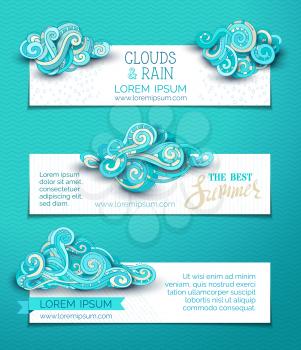 Hand-drawn doodles clouds and rain drops. There is copy space for your text on white background. Summer web templates.