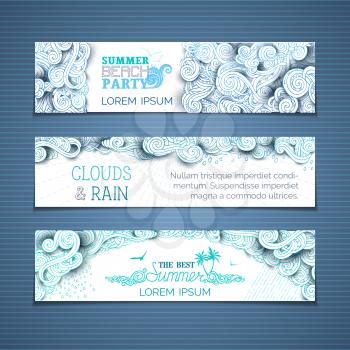 Hand-drawn outlined clouds, curls, swirls and spirals. There is copy space for your text on white background. Summer beach party. The best summer templates.