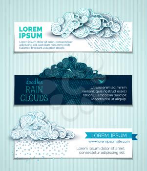 Hand-drawn ornate clouds, rain, curls, swirls and spirals. Day and night. There is copy space for your text on white and dark backgrounds.