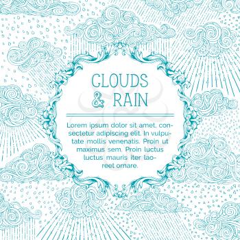 Doodles blue clouds and rain on white background. Hand-drawn decoration, swirls, spirals, drops and curls. There is copy space for your text in round frame.
