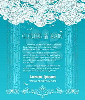 Frame of white doodles clouds and hand-drawn rain on bright blue background. Flying birds. There is copy space for your text in the sky.