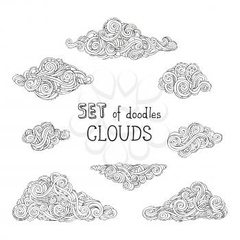A lot of various linear clouds isolated on white background. Hand-drawn swirls, strokes, spirals and curls.