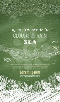 Clouds and rain, waves and underwater life on green blackboard background. There is copy space for your text in the sky and undersea.
