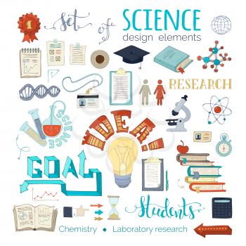 Chemistry and laboratory research symbols. Dna, molecules, books, test-tubes, microscope and other objects. Scene creator items. Top view.