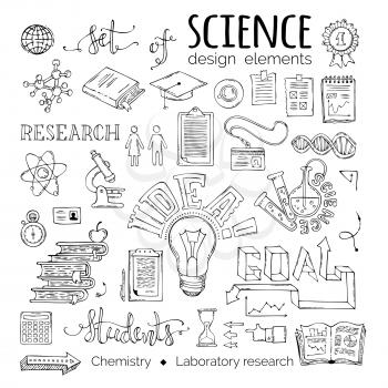 Science, chemistry, physics and laboratory research elements and symbols. Molecules, books, gears, PCB and other objects.