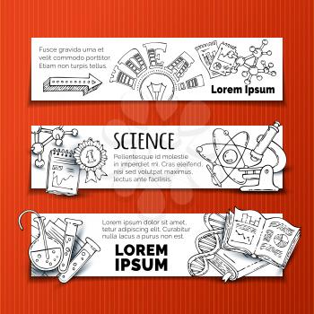 Chemistry and laboratory research symbols. Dna, molecules, books, test-tubes, microscope and other objects. Black and white outlined illustration.
