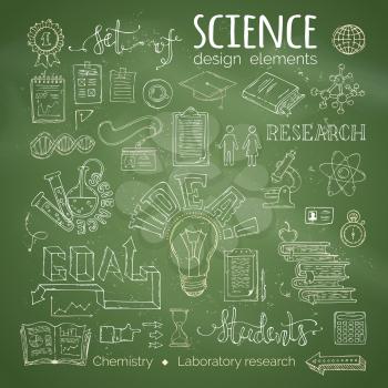 Chemistry and laboratory research design elements and icons. Dna, molecules, test-tubes, microscope and others on green blackboard background. Scene creator items.