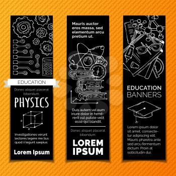 Chemistry and laboratory research symbols. Molecules, books, gears, PCB and other objects on black background.