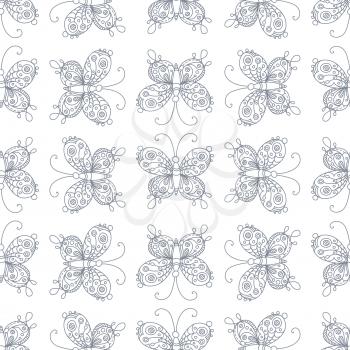 Doodles ornate butterflies. Boundless duotone hand-drawn background.
