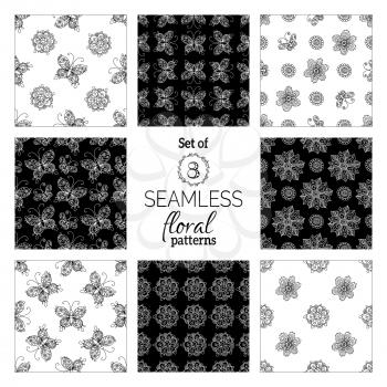 Hand-drawn doodles flowers and butterflies. Black and white duotone boundless backgrounds. Outlined illustration.