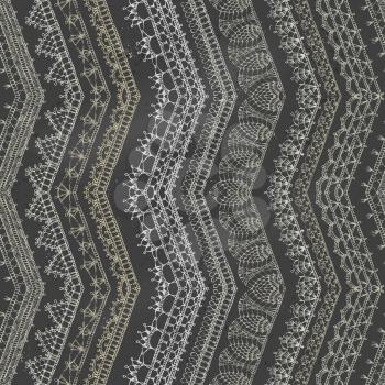 Vertical knitted edging patterns and lacy borders on blackboard background. Dark boundless background.